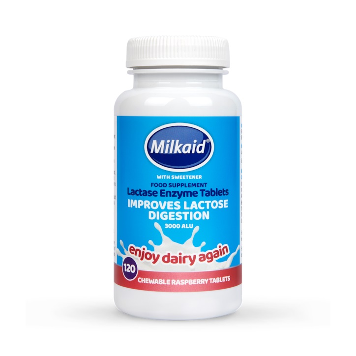 Milkaid Lactase Enzyme Tablets Raspberry Flavour 120 Tablets